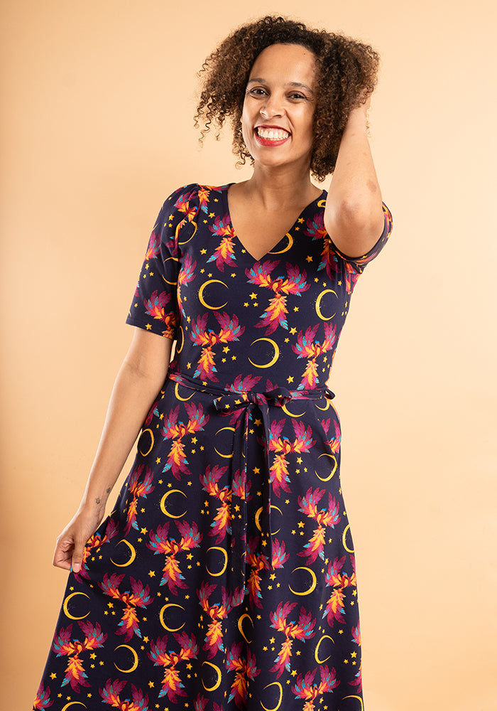 Palmer Purple Phoenix Print Cotton Midi Dress