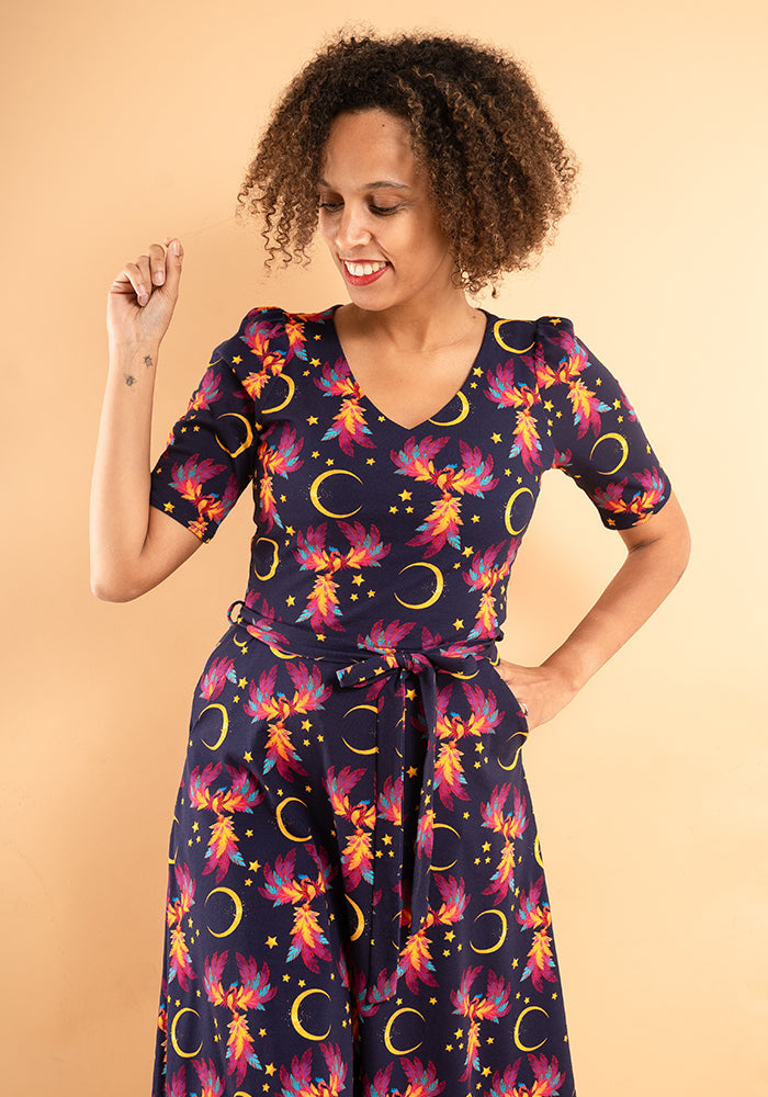 Palmer Purple Phoenix Print Cotton Midi Dress