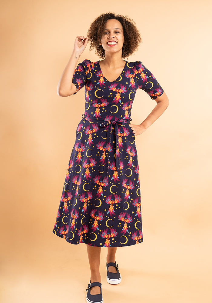 Palmer Purple Phoenix Print Cotton Midi Dress