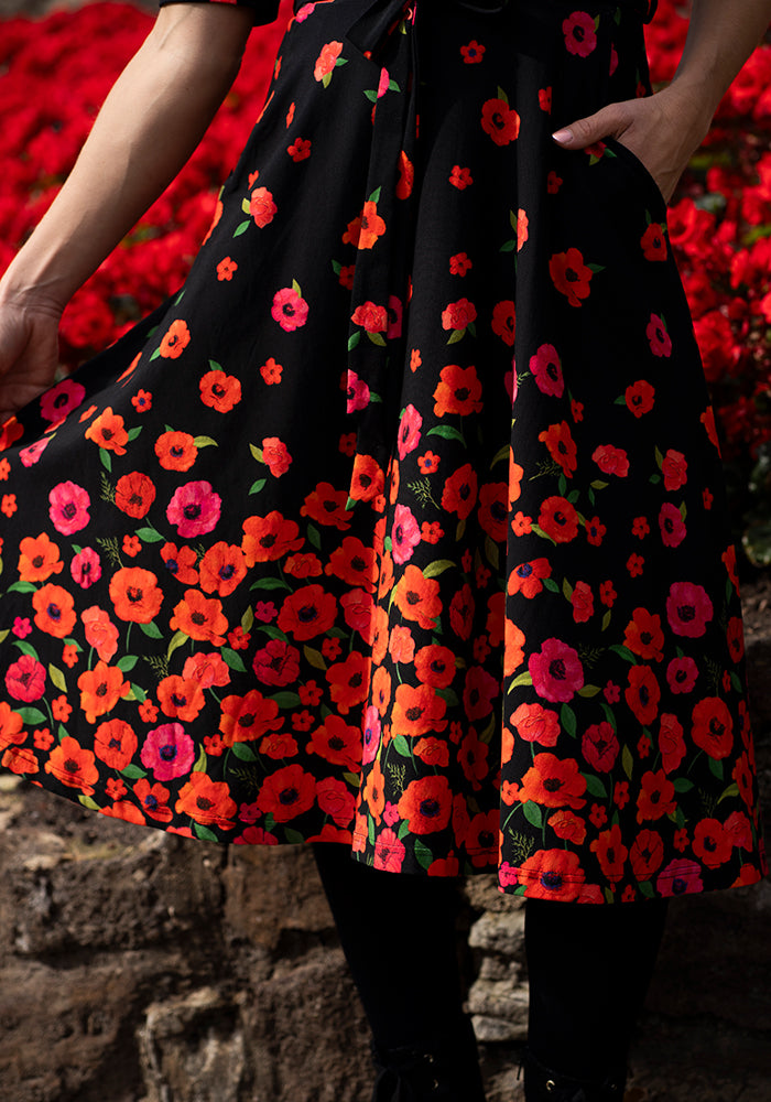 Third angle of Parisa Poppy Border Print Cotton Swing Dress