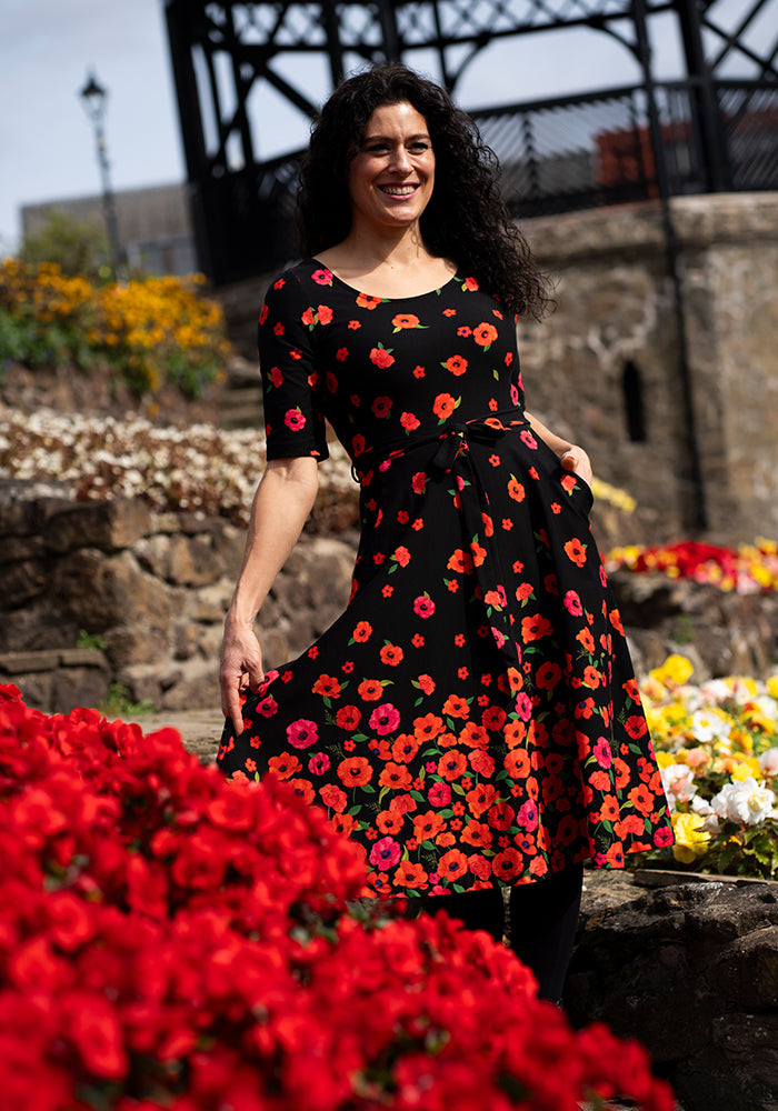 Ninth angle of Parisa Poppy Border Print Cotton Swing Dress