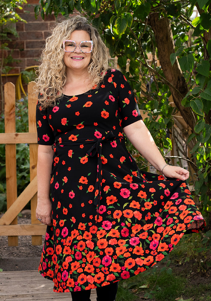 Parisa Poppy Border Print Cotton Swing Dress