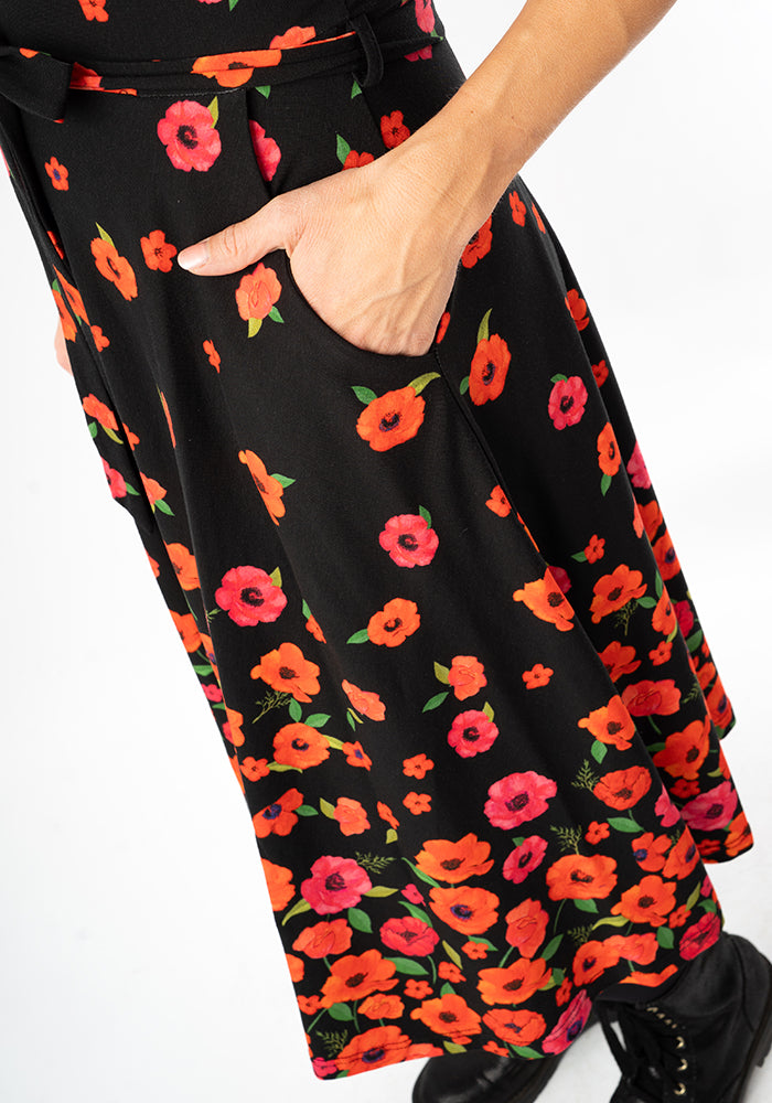 Parisa Poppy Border Print Cotton Swing Dress