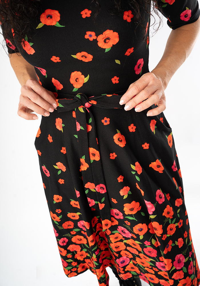 Parisa Poppy Border Print Cotton Swing Dress