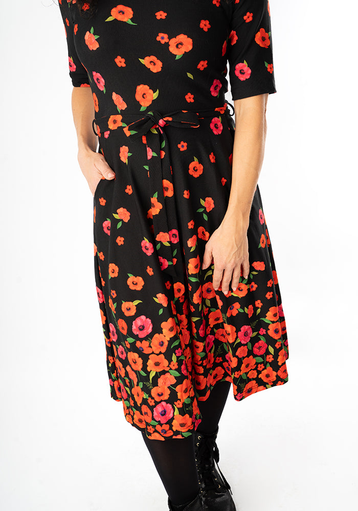 Parisa Poppy Border Print Cotton Swing Dress
