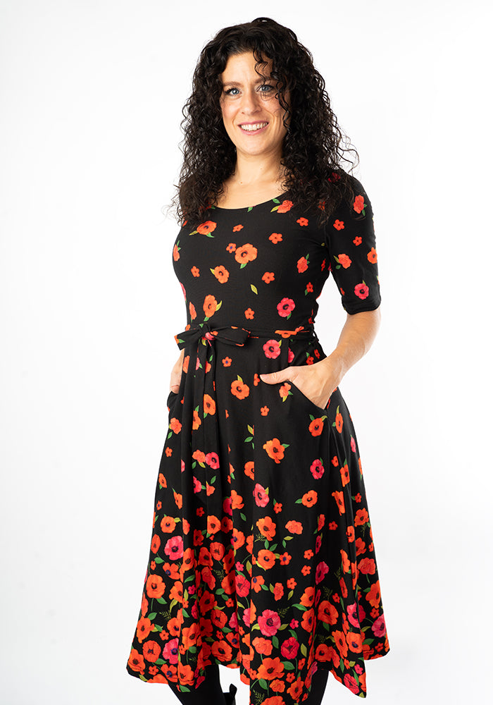 Seventh angle of Parisa Poppy Border Print Cotton Swing Dress