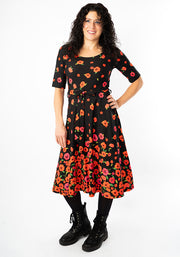 Parisa Poppy Border Print Cotton Swing Dress