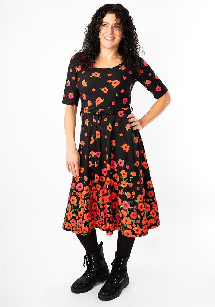 Parisa Poppy Border Print Cotton Swing Dress