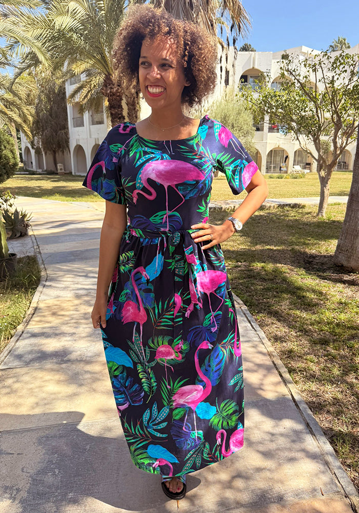Front view of Patsy Flamingo Print Cotton Midaxi Dress (Navy)