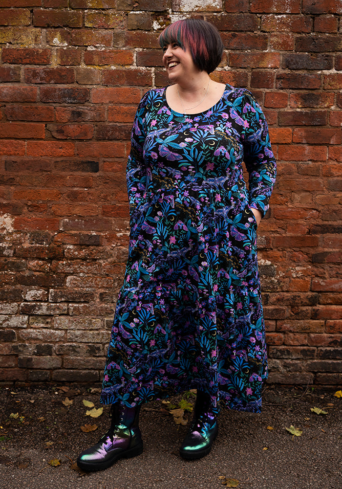 Tenth angle of Odessa Mystical Moths Print Cotton Midaxi Dress
