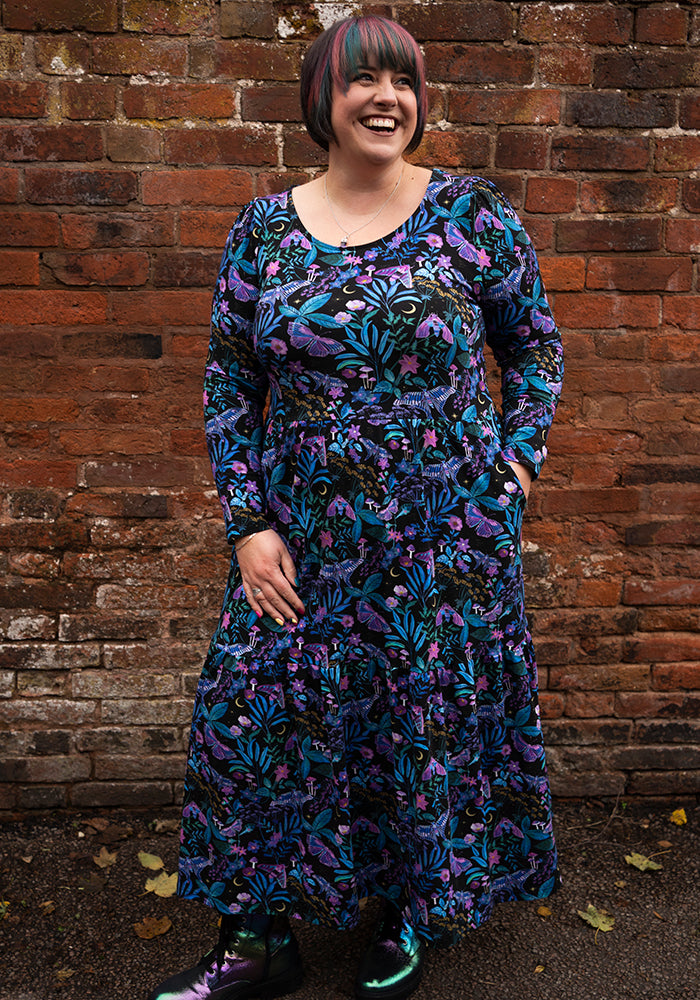 Seventh angle of Odessa Mystical Moths Print Cotton Midaxi Dress