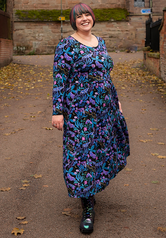 Front view of Odessa Mystical Moths Print Cotton Midaxi Dress