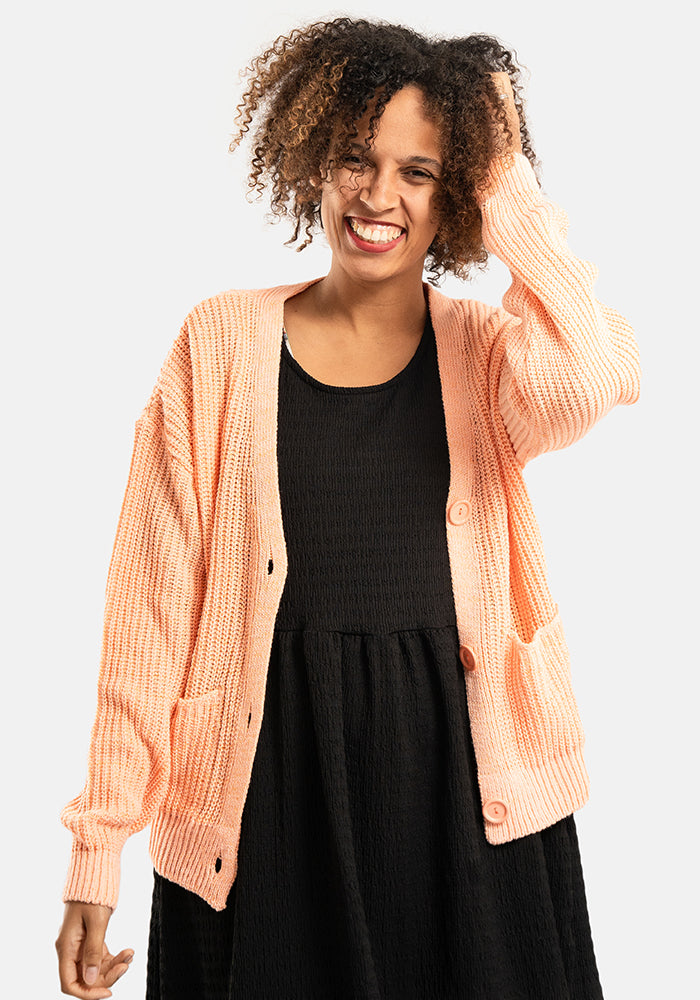 Front view of Peach Ribbed Cardigan