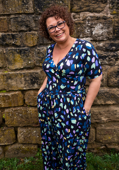 Peacock Navy Animal Print Viscose Midi Dress