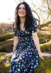 Peacock Navy Animal Print Viscose Midi Dress