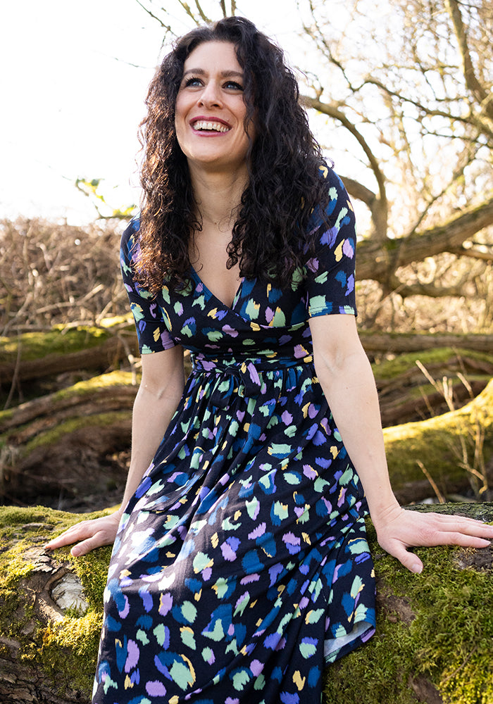 Peacock Navy Animal Print Viscose Midi Dress