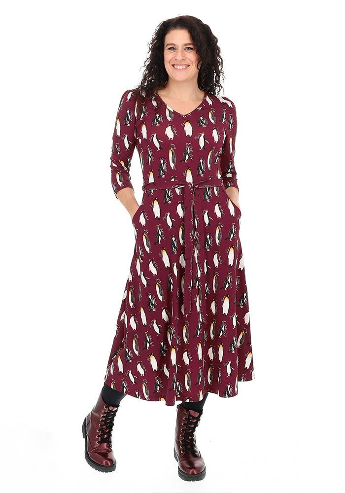 Pennie Wine Penguin Print Cotton Midi Dress