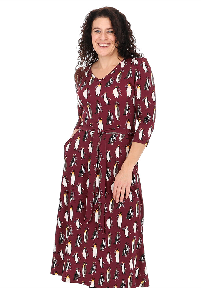 Pennie Wine Penguin Print Cotton Midi Dress