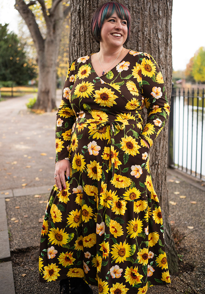 Front view of Pheby Brown Sunflower Print Cotton Midaxi Dress