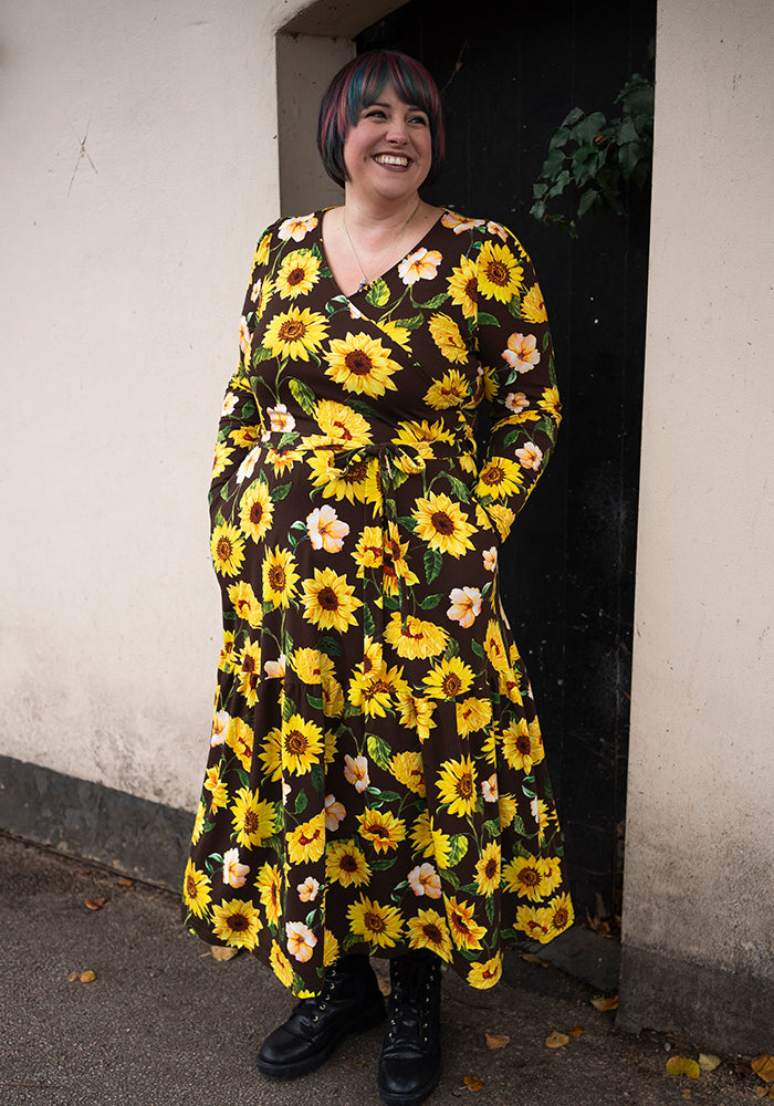Eighth angle of Pheby Brown Sunflower Print Cotton Midaxi Dress
