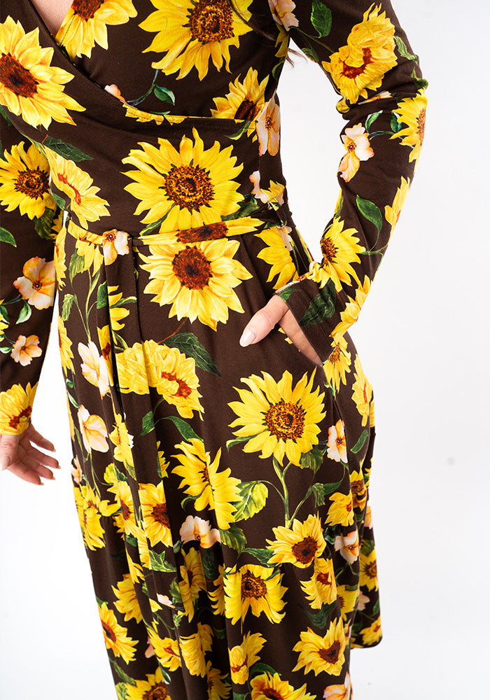 Sixth angle of Pheby Brown Sunflower Print Cotton Midaxi Dress