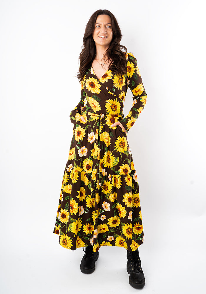 Third angle of Pheby Brown Sunflower Print Cotton Midaxi Dress