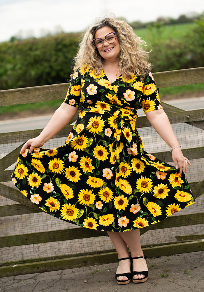 Fourth angle of Philomena Black Sunflower Print Cotton Swing Dress
