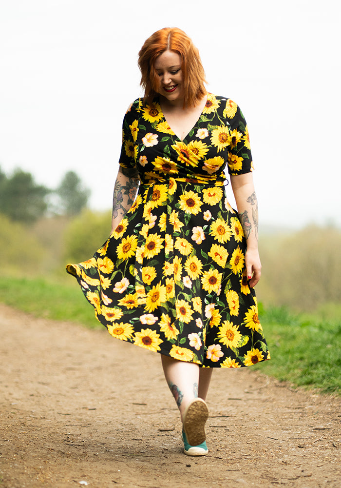 Sixth angle of Philomena Black Sunflower Print Cotton Swing Dress