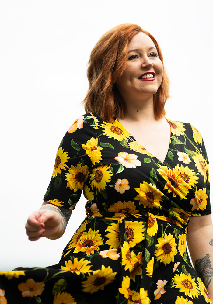 Eighth angle of Philomena Black Sunflower Print Cotton Swing Dress