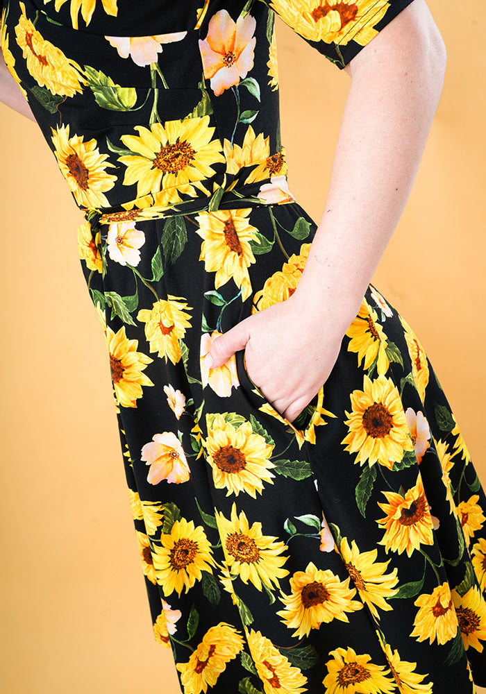 Fifth angle of Philomena Black Sunflower Print Cotton Swing Dress