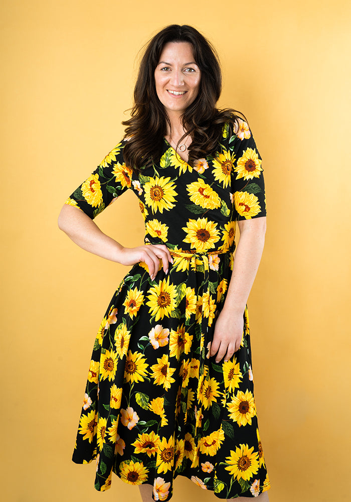 Third angle of Philomena Black Sunflower Print Cotton Swing Dress