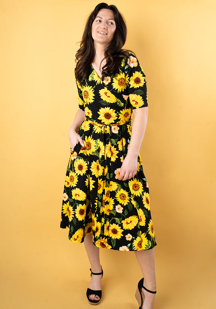 Seventh angle of Philomena Black Sunflower Print Cotton Swing Dress
