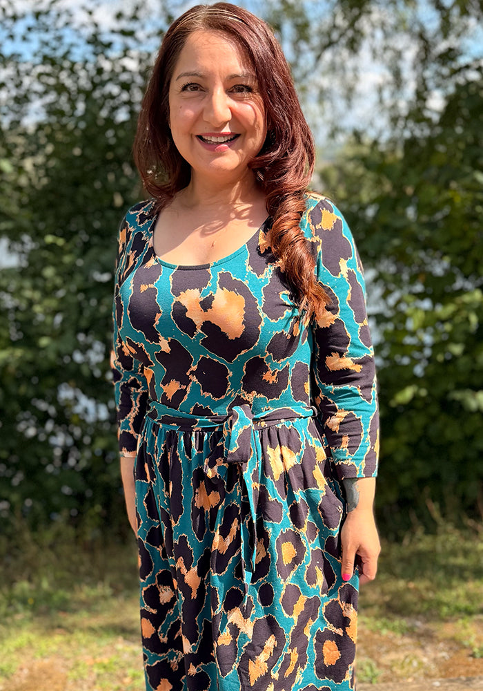 Piety Teal Animal Print Cotton Midi Dress