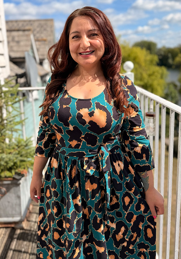Piety Teal Animal Print Cotton Midi Dress