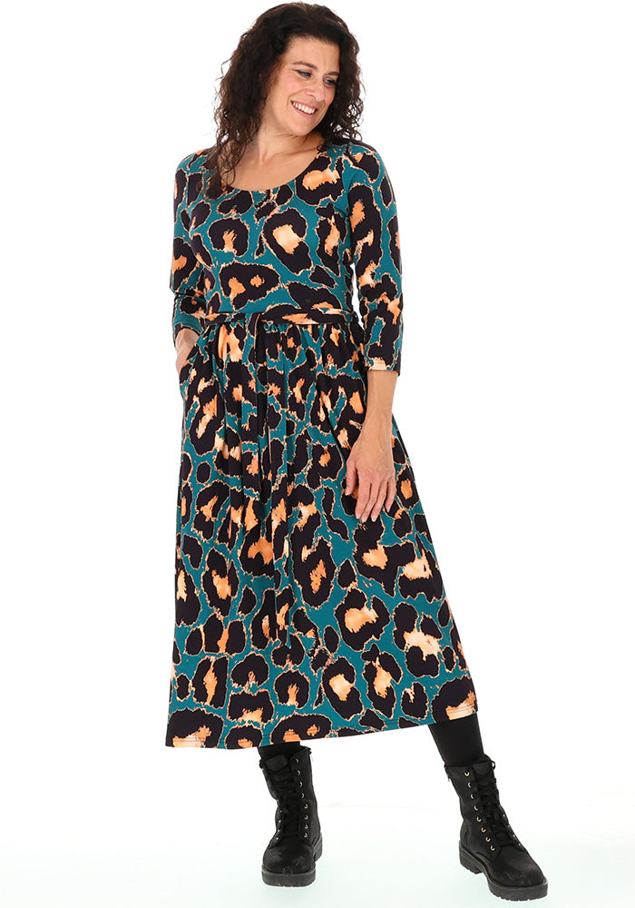 Piety Teal Animal Print Cotton Midi Dress