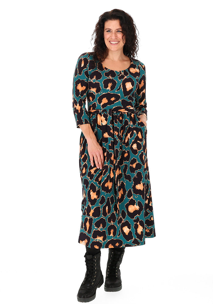 Piety Teal Animal Print Cotton Midi Dress