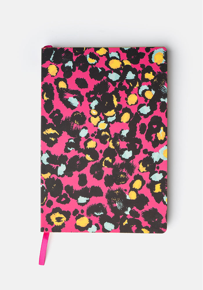 Third angle of Cute Pink Animal Print Notebook - Colourful Quirky Journal Gift