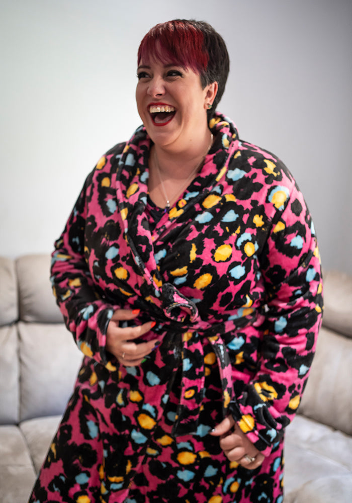Fourth angle of Pink Animal Print Fleece Dressing Gown