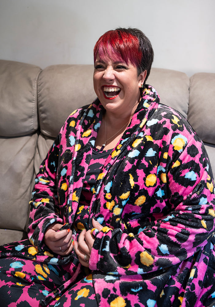 Third angle of Pink Animal Print Fleece Dressing Gown