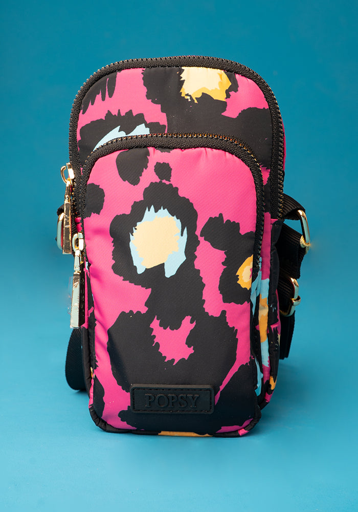 Front view of Pink Animal Print Phone Pocket Bag
