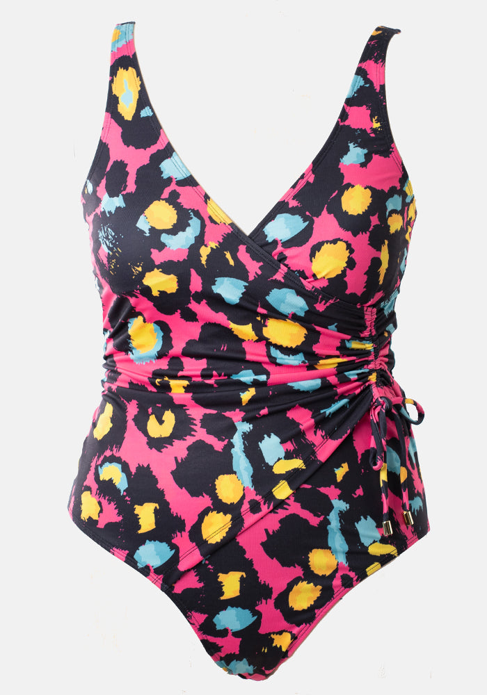 Third angle of Pink Animal Print Side Ruched Swimsuit