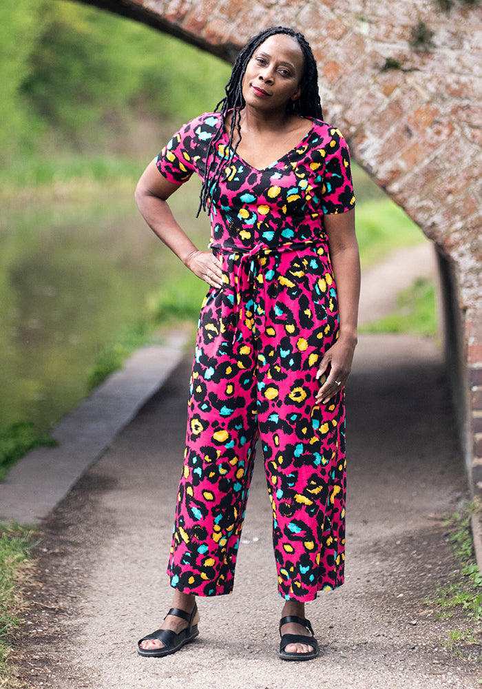 Adele Pink Animal Print Cotton Culotte Leg Jumpsuit