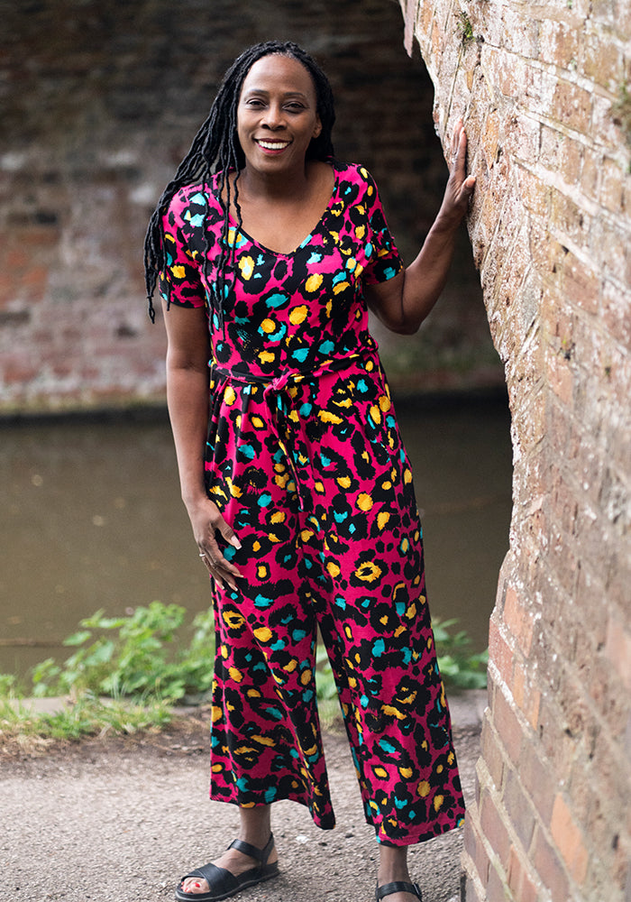 Adele Pink Animal Print Cotton Culotte Leg Jumpsuit