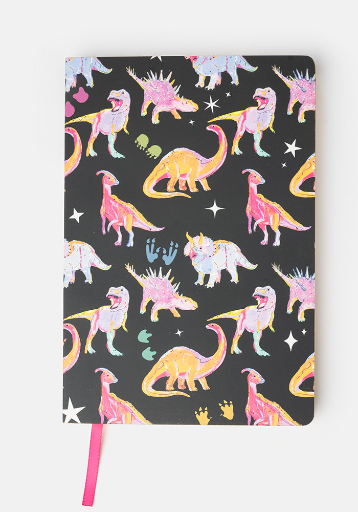 Front view of Cute Pink Dinosaur Print Notebook - Colourful Quirky Journal Gift