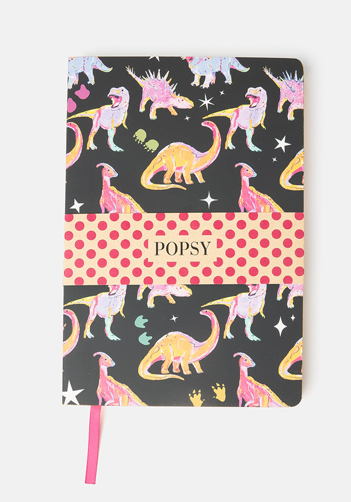 Third angle of Cute Pink Dinosaur Print Notebook - Colourful Quirky Journal Gift
