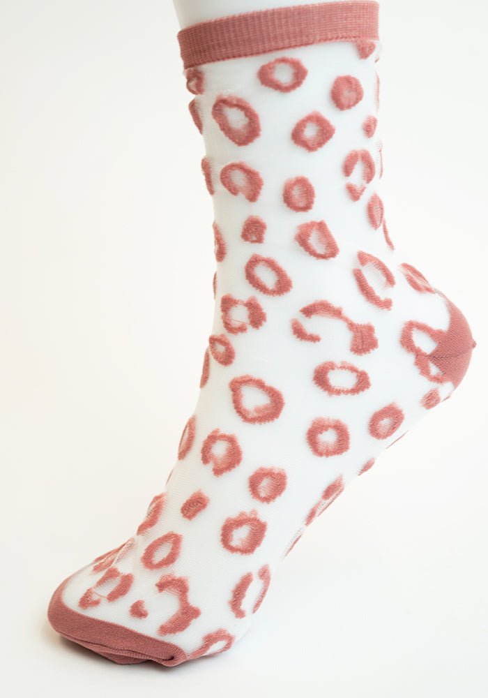 Front view of Pink Leopard Sheer Ankle Socks