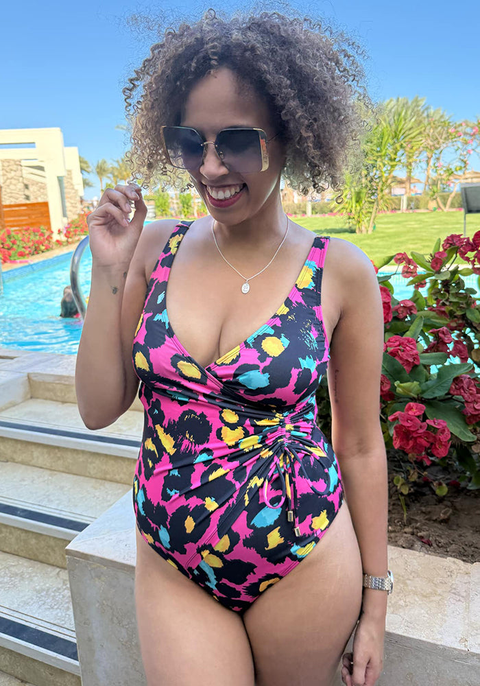 Front view of Pink Animal Print Side Ruched Swimsuit
