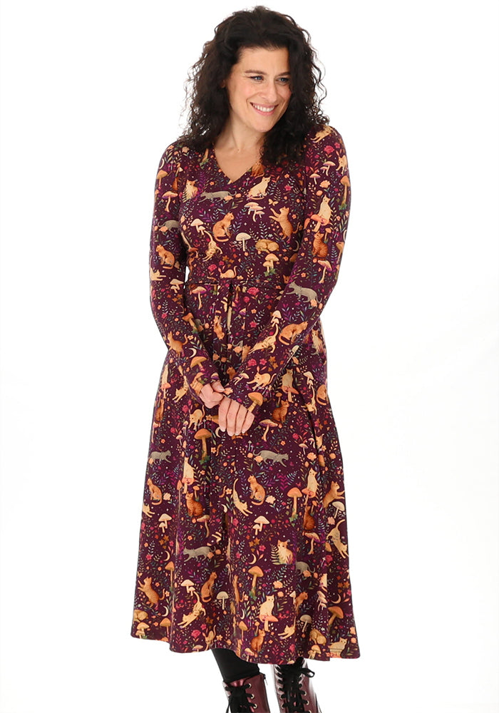 Rosaphine Plum Mystical Cat Print Cotton Midi Dress