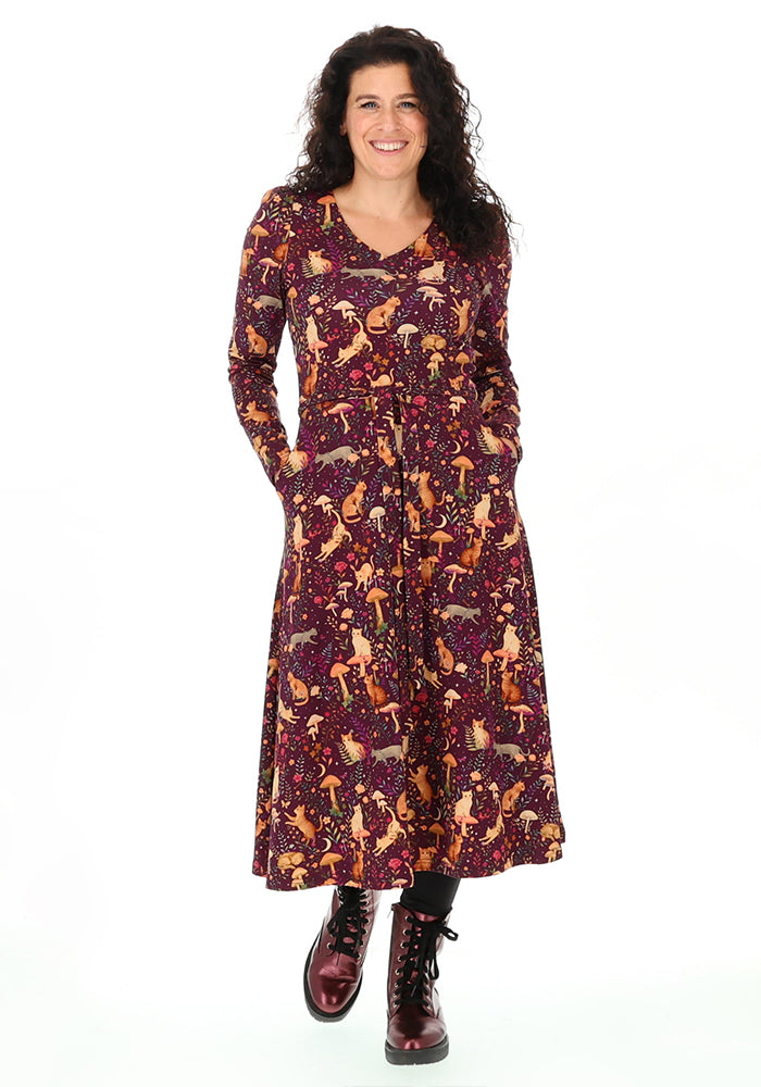 Rosaphine Plum Mystical Cat Print Cotton Midi Dress