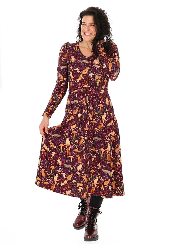 Rosaphine Plum Mystical Cat Print Cotton Midi Dress